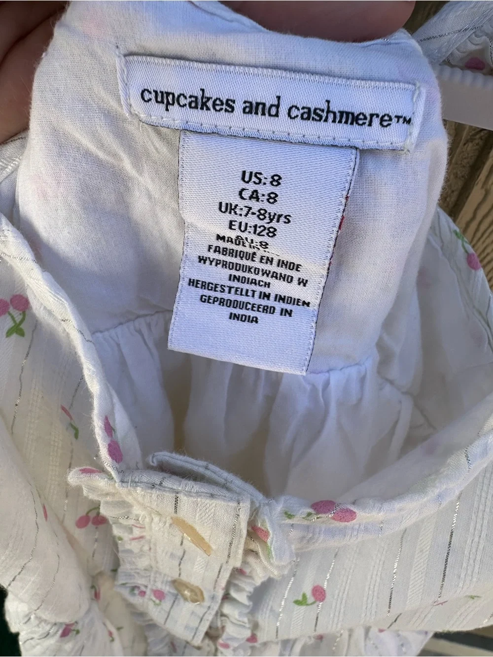 Girls White Floral Summer Dress with Pink Cherry Print and Crossbody Purse EUC